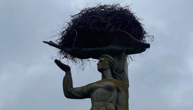 Во Львовской области отложили демонтаж советского памятника из-за гнезда аиста, фото