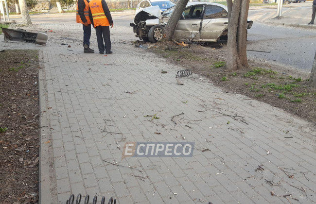 Пьяная авария в Киеве: машина влетела в остановку и снесла деревья