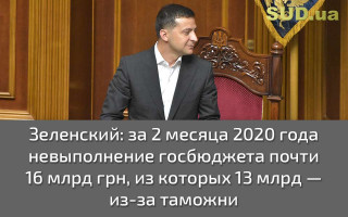 Зеленский: За 2 месяца 2020 года невыполнение госбюджета — почти 16 млрд грн, из которых 13 млрд — из-за таможни