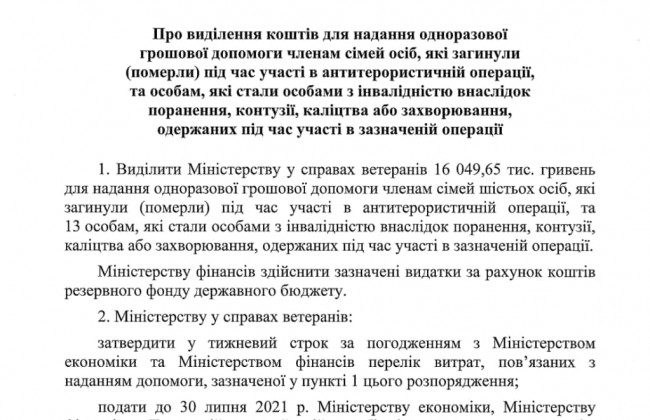 Кабмін виділив кошти сім’ям, члени яких загинули під час участі в антитерористичній операції