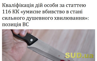 Кваліфікація дій особи за статтею 116 КК «умисне вбивство в стані сильного душевного хвилювання»: позиція ВС