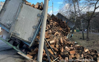 Под Киевом во время задержания грузовик с дровами съехал в кювет и перевернулся
