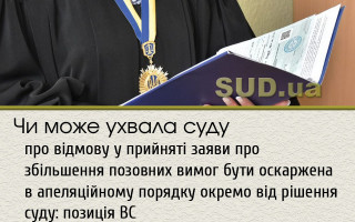 Чи може ухвала суду про відмову у прийняті заяви про збільшення позовних вимог бути оскаржена в апеляційному порядку окремо від рішення суду: позиція ВС