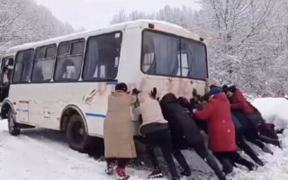 Под Киевом пассажиры вытолкали автобус из снежной ловушки: видео