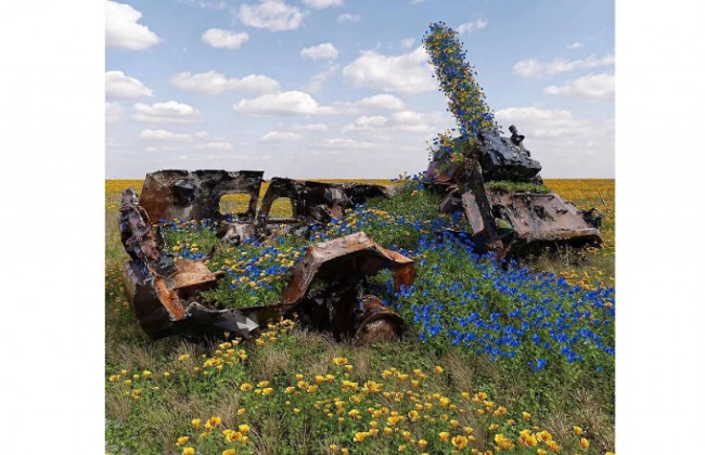 Знищена російська техніка в Україні заросла синьо-жовтими квітами: фото