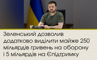 Зеленський дозволив додатково виділити майже 250 мільярдів гривень на оборону і 5 мільярдів на Єпідтримку