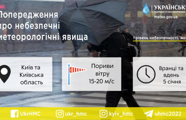 В Киеве 5 января ожидаются порывы ветра – Укргидрометцентр