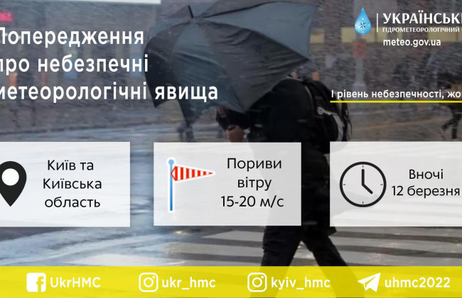 Жителів Києва та області попереджають про негоду вночі 12 березня – очікується сильний вітер