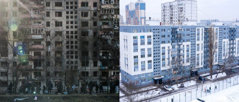 Було/стало: в Києві відновили будинок на Богатирській, пошкоджений під час обстрілів міста