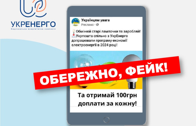 В Укрэнерго предупреждают о мошенниках, обещающих «деньги» при обмене лампочек