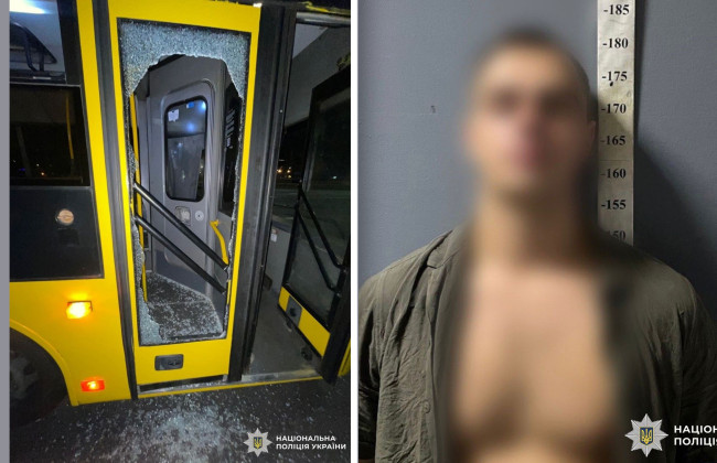 В Киеве мужчина перекрыл дорогу, а затем ногой разбил стекло в автобусе с пассажирами – фото